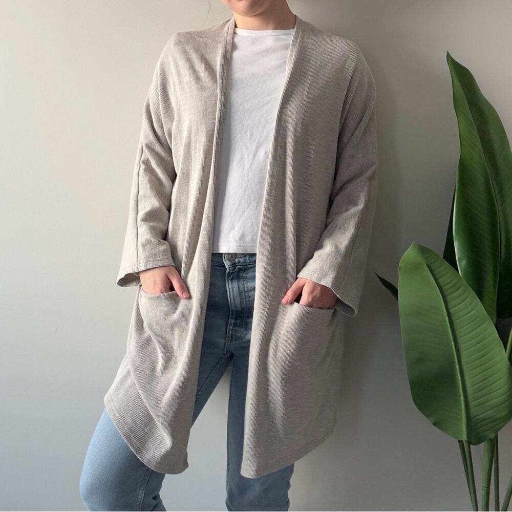 Anthropologie Donni Open Front Cardigan Sweater Light Gray Pockets Long Sleeve